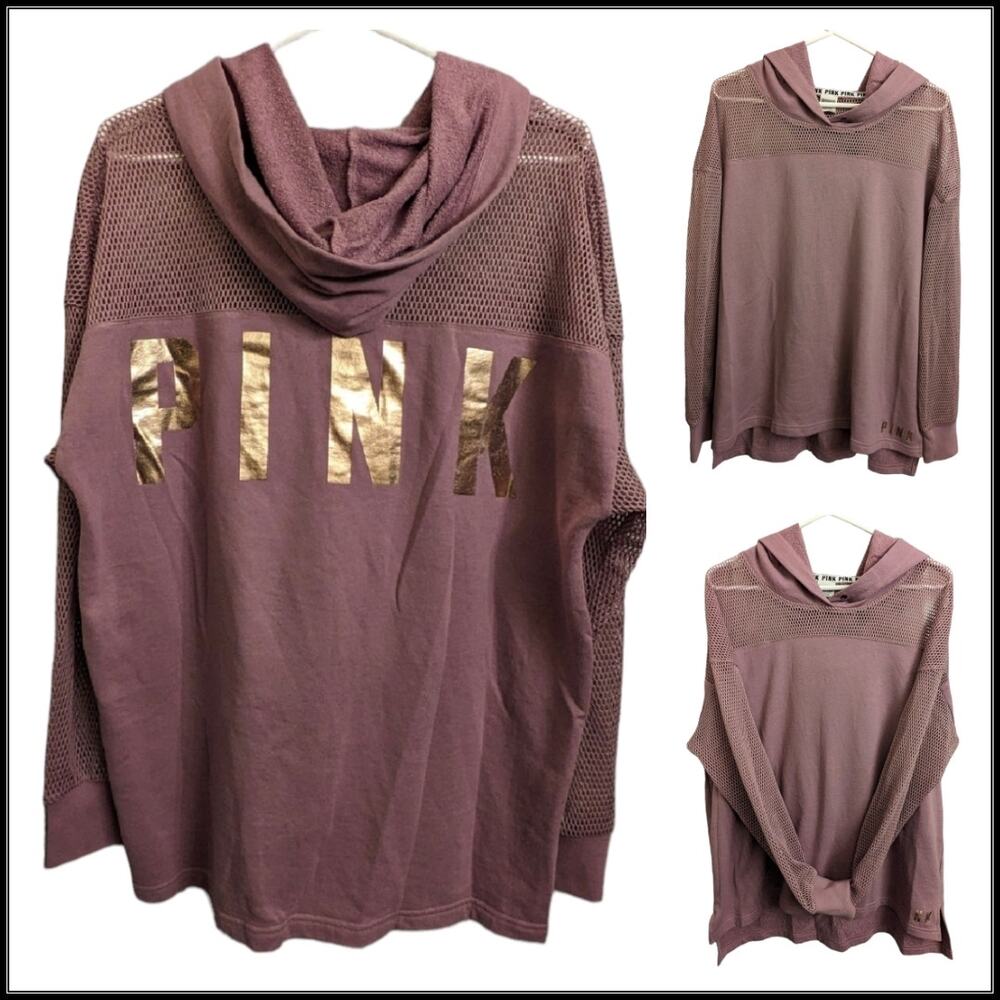 Victoria's Secret PINK Fishnet Mesh Hoodie Sweatshirt Rose Gold Foil Print L